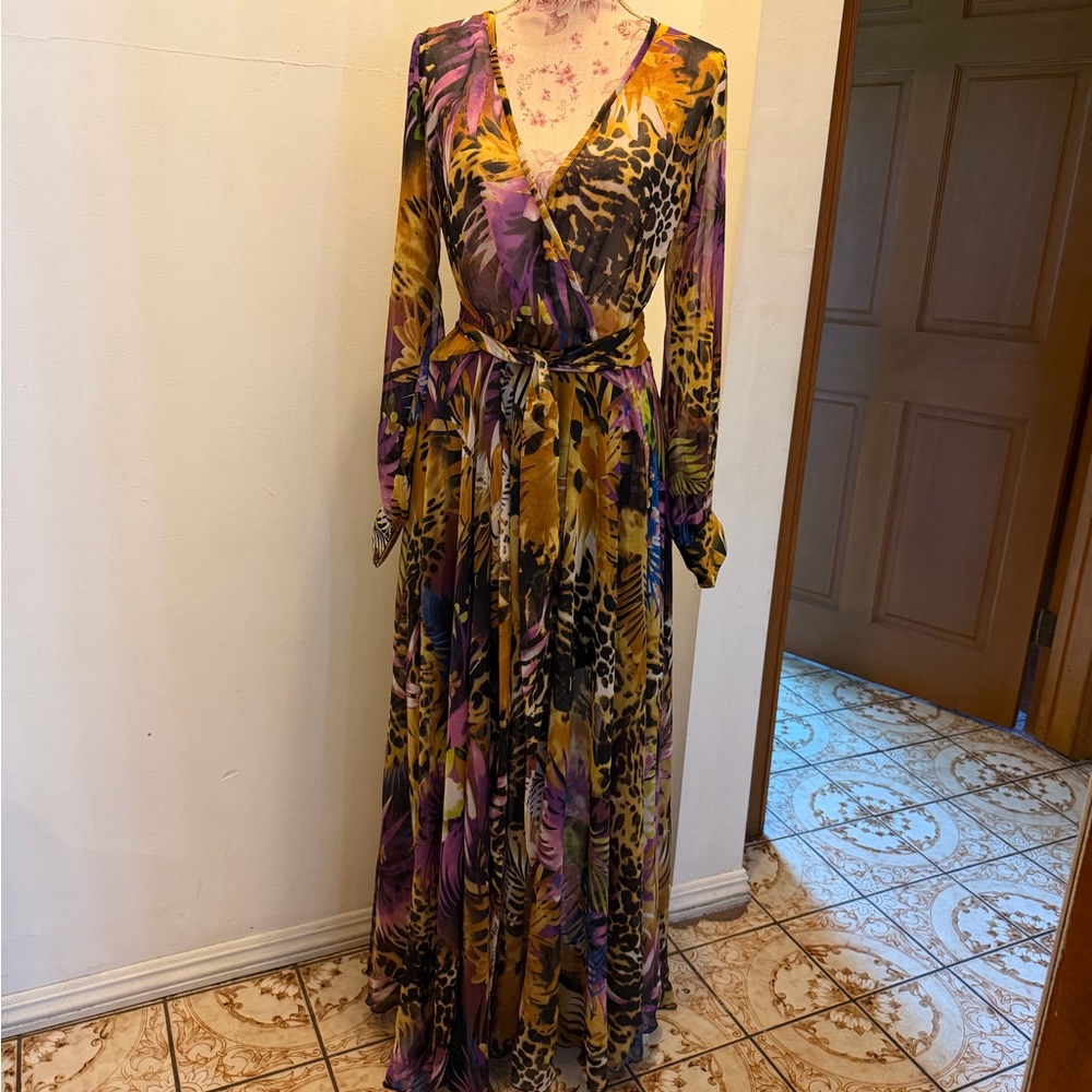 Wrap Maxi Dress in Mustard and Purple Floral-Animal Print